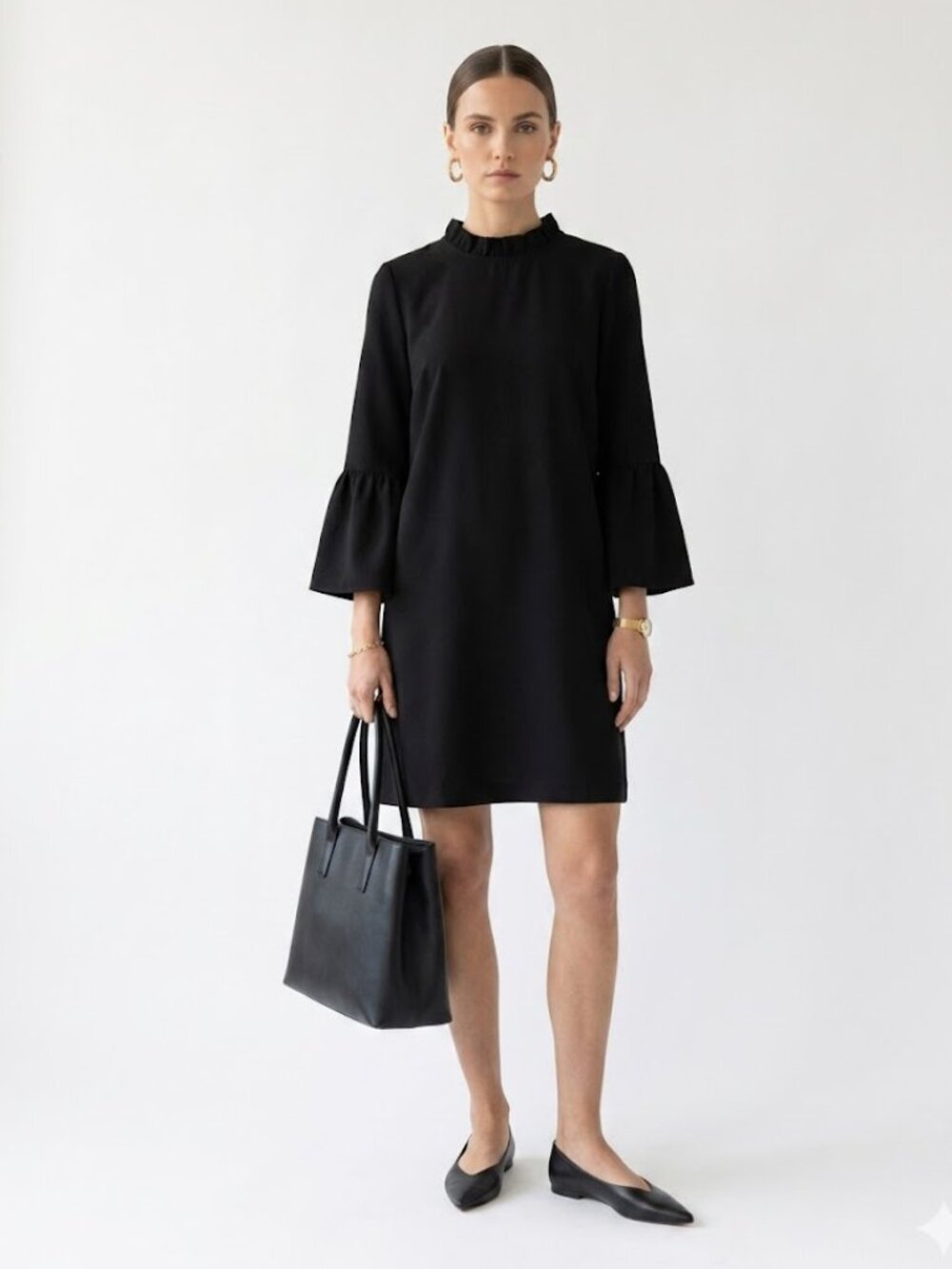 J. Crew Black Ruffle Neck Bell-Sleeve Shift Dress